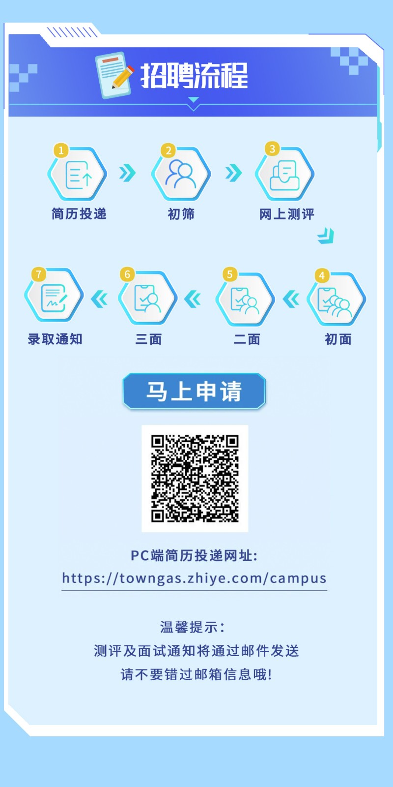 <p>招聘流程</p> <p>》》</p> <p>简历投递初筛网上测评</p> <p>J</p> <p>园>)《《</p> <p>录取通知三面二面初面</p> <p>马上申请</p> <p>PC端简历投递网址:</p> <p>https://towngas.zhiye.com/campus</p> <p>温馨提示:</p> <p>测评及面试通知将通过邮件发送</p> <p>请不要错过邮箱信息哦!</p>