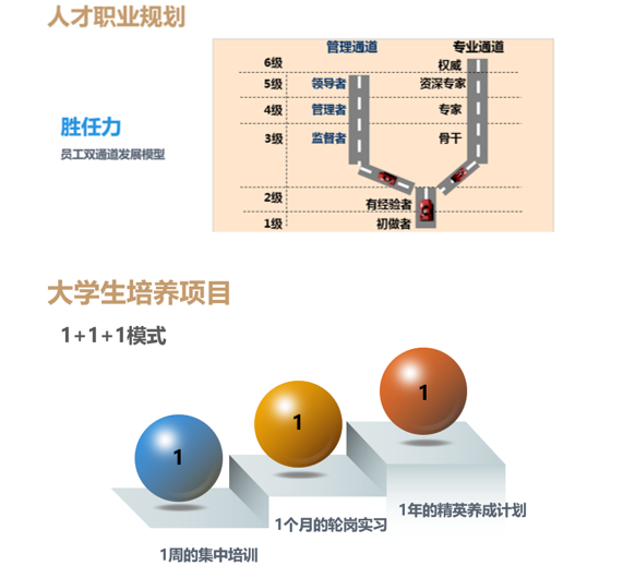 <p>人才职业规划</p> <p>胜任力</p> <p>员工双通道发展模型</p> <p>6级</p> <p>5级</p> <p>4级</p> <p>3级</p> <p>管理通道</p> <p>领导者</p> <p>管理者</p> <p>监督考</p> <p>专业通道<br/>权威</p> <p>资深专家</p> <p>专家</p> <p>骨干</p> <p>2级</p> <p>1级</p> <p>有经验者</p> <p>初做者</p> <p>大学生培养项目<br/>1+1+1模式</p> <p>1周的集中培训</p> <p>1个月的轮岗实习</p> <p>1年的精英养成计划</p>