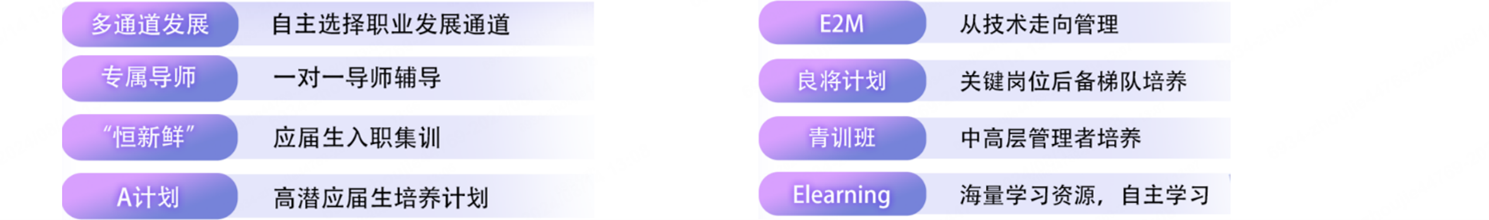 <p>多通道发展自主选择职业发展通道E2M从技术走向管理</p> <p>专属导师-对一导师辅导良将计划关键岗位后备梯队培养</p> <p>恒新鲜"应届生入职集训青训班中高层管理者培养</p> <p>A计划高潜应届生培养计划Elearning海量学习资源,自主学习</p>