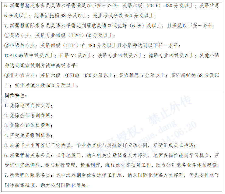 <p>6.新鹭程精英乘务员英语水平需满足以下任一条件:英语六级(CET6)<br/>430分及以上;英语雅思<br/>6分及以上;英语新托福68分及以上;托业考试分数650分及以上;</p> <p>7.新鹭程国际乘务员英语水平需达到厦航英语口试良好(6分)及以上，且满足以下任一条件:<br/>①英语专业:英语专业四级(TEM4)60分及以上;</p> <p>②小语种专业:英语四级(CET4)在480分及以上且小语种达到以下任一水平:</p> <p>TOPIK韩语中级及以上;日语N2及以上;法语专业四级及以上;德语专业四级及以上;其他小语<br/>种达到国家级别考试中高级水平;</p> <p>③非外语专业:英语六级(CET6)430分及以上;英语雅思6分及以上;英语新托福68分及以<br/>上;托业考试分数650分及以上。</p> <p>岗位特色:</p> <p>1.免除地面岗位实习;</p> <p>2.免除全部培训费用;</p> <p>4.享受免费报到机票;</p> <p>授权，禁止外传</p> <p>3.免除全部体检费用;</p> <p> </p> <p>5.应届毕业生可签订三方协议，毕业后直接与厦航签订劳动合同，享受正式员工待遇;</p> <p>6.新鹭程精英乘务员:工作地厦门，纳入机关空勤储备人才序列，地面多岗位轮岗学习机会，享<br/>受培训资源倾斜，参与运行管理、标准制定、流程优化等项目工作，助力公司乘务业务体系建设;<br/>7.新鹭程国际乘务员:集中培养期后优先选择工作地，纳入国际化储备人才序列，优先安排执飞<br/>国际航线航班，助力公司国际化发展。</p>